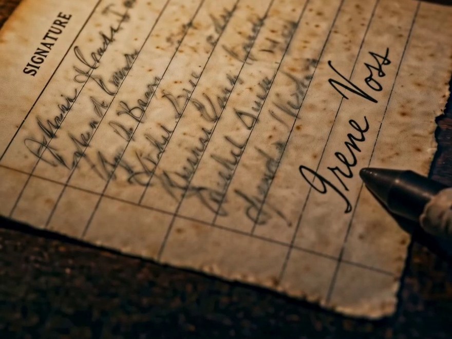 Refused take: a signature sheet on which every signature is illegible scrawl except one, “Irene Voss”, rendered large and crisp — revealing the story's turn far too early.
