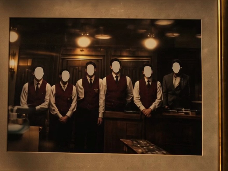 Refused take: a framed staff photograph in which all six figures render as blank white ovals where their faces should be.