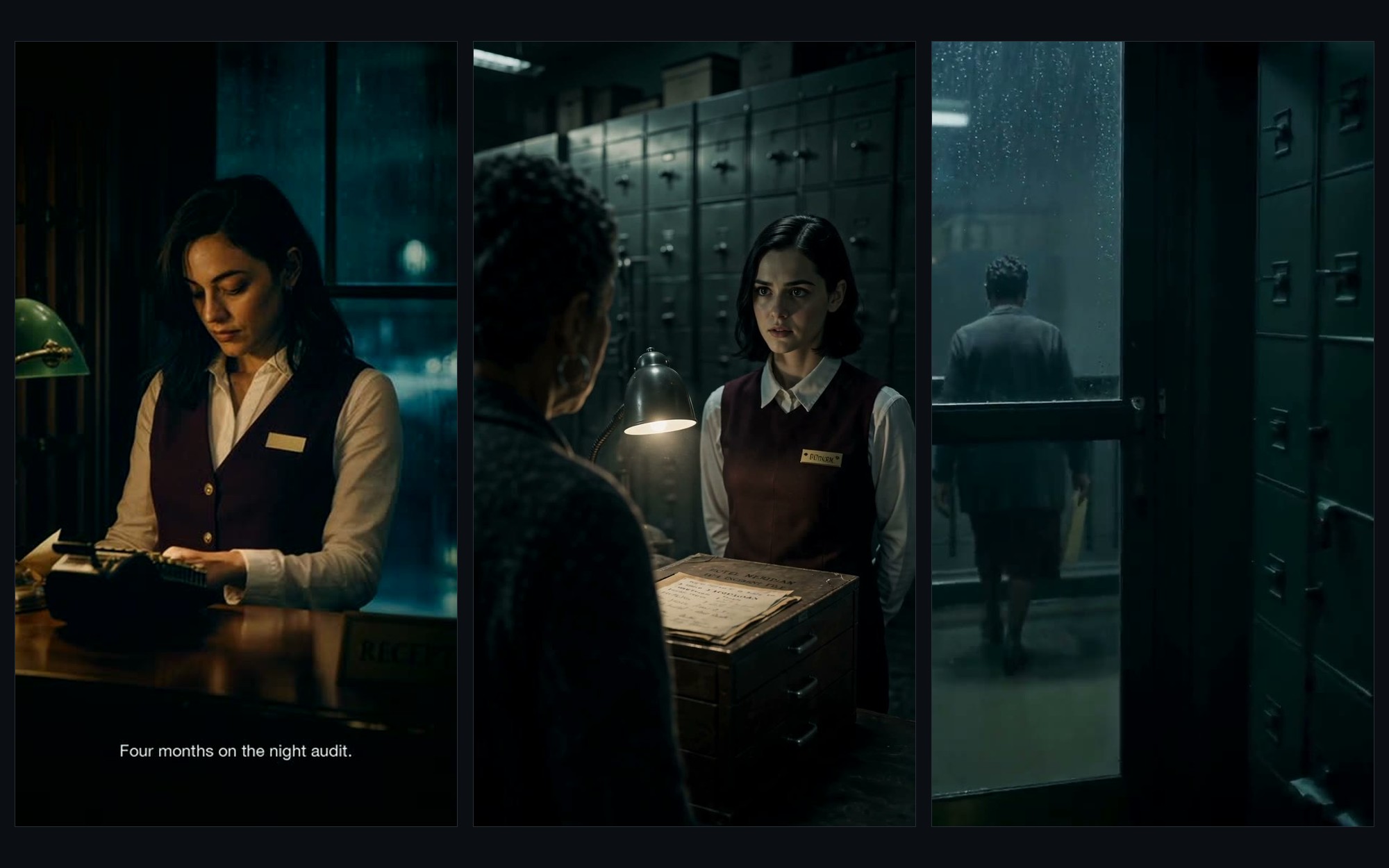 A frame from NIGHT AUDIT — the night auditor at the front desk, 2:57 in the morning