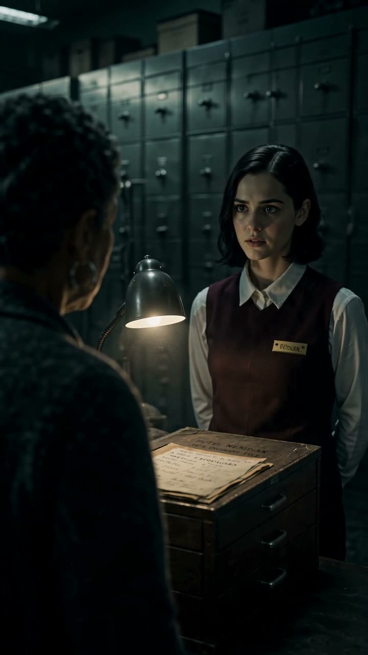 Kept retake: the same records-room shot with the clerk's face fully rendered — eyes, pupils, catchlights