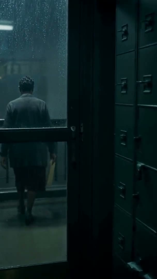 The served reel's final beat: the clerk pushing through the records-room door into the light