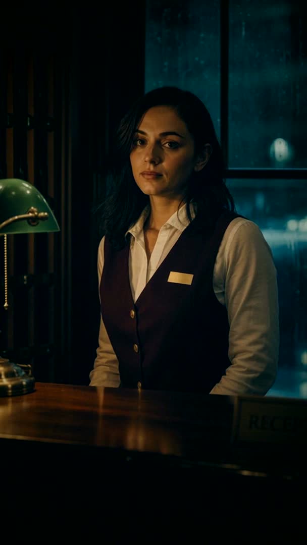 A frame from Episode 1: the night auditor at the front desk under a green banker's lamp, rain on the window behind her